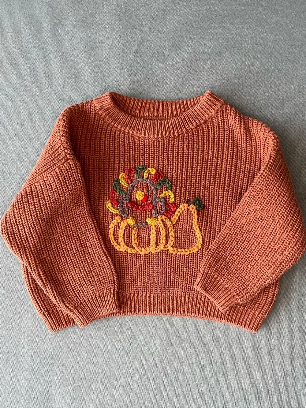 Upcycled Autumn Orange Knit Sweater with Pumpkin Hand Embroidery